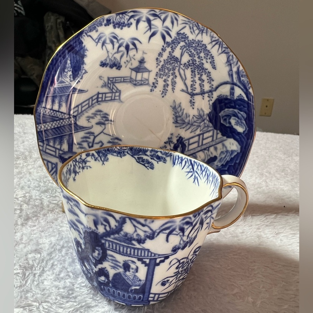 Royal Crown Derby Blue Mikado and Gold Porcelain Cup and Saucer 1918 Chinoiserie